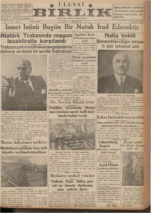 Ulusal Birlik (İzmir) Gazetesi 11 Haziran 1937 kapağı