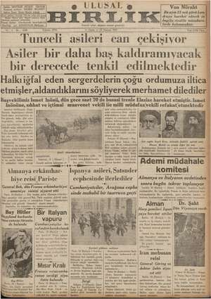 Ulusal Birlik (İzmir) Gazetesi 18 Haziran 1937 kapağı