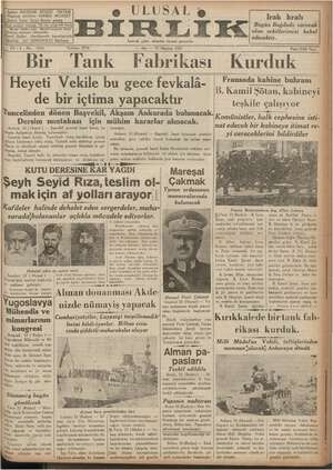 Ulusal Birlik (İzmir) Gazetesi 22 Haziran 1937 kapağı