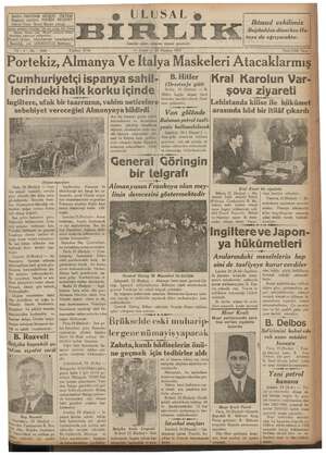Ulusal Birlik (İzmir) Gazetesi 25 Haziran 1937 kapağı
