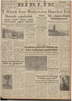 Ulusal Birlik (İzmir) Gazetesi 10 Temmuz 1937 kapağı