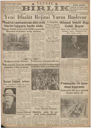 Ulusal Birlik (İzmir) Gazetesi 14 Temmuz 1937 kapağı