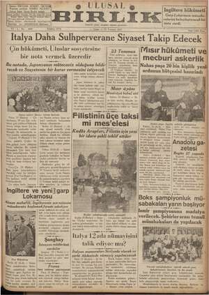 Ulusal Birlik (İzmir) Gazetesi 23 Temmuz 1937 kapağı