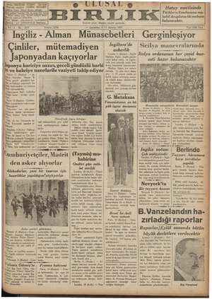 Ulusal Birlik (İzmir) Gazetesi 11 Ağustos 1937 kapağı