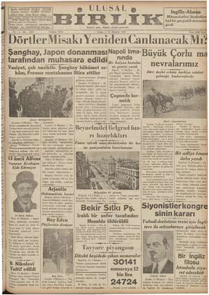 Ulusal Birlik (İzmir) Gazetesi 13 Ağustos 1937 kapağı