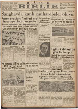 Ulusal Birlik (İzmir) Gazetesi 25 Ağustos 1937 kapağı