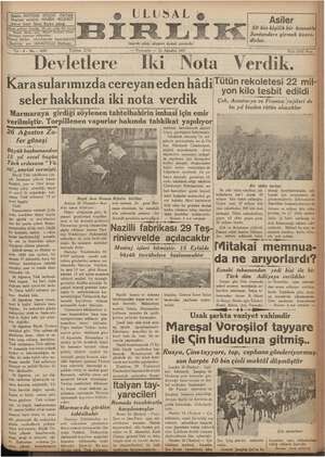Ulusal Birlik (İzmir) Gazetesi 26 Ağustos 1937 kapağı
