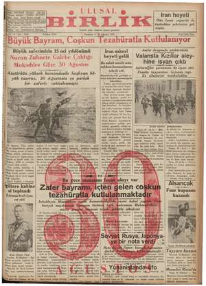 Ulusal Birlik (İzmir) Gazetesi 30 Ağustos 1937 kapağı