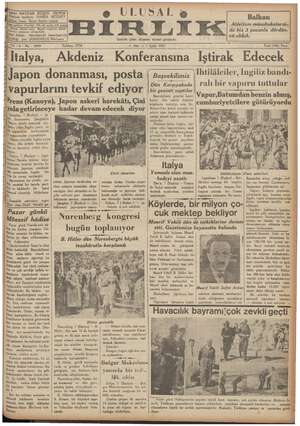 Ulusal Birlik (İzmir) Gazetesi 7 Eylül 1937 kapağı
