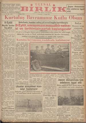 Ulusal Birlik (İzmir) Gazetesi 9 Eylül 1937 kapağı