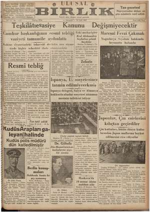 Ulusal Birlik (İzmir) Gazetesi 29 Eylül 1937 kapağı