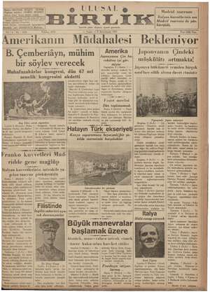 Ulusal Birlik (İzmir) Gazetesi 8 Ekim 1937 kapağı
