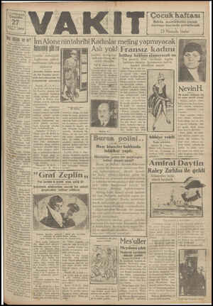 Vakit Gazetesi 27 Mart 1929 kapağı