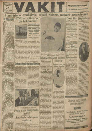 Vakit Gazetesi 23 Eylül 1929 kapağı
