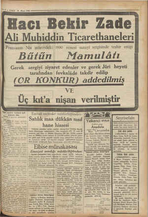  7 — VAKIT 14 Mâyıs 1930 — 38 “ea Hacı Bekir Zade Ali Muhiddin Ticarethaneleri Fransanın Nis şehrindeki 1930 senesi sanayi...