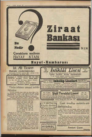    — 8 'VAKIT 30 Eylül 1931 Çocuklara mahsus HAYAT KTABI Ziraat Bankası Hayat-Kumbarası Ist. Ali Ticaret Mektebi...