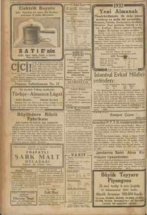    —38—VAKIT 31 Kânunuevvel 1931 — — — —VAKITın- P Elektrik Işte Faydalı ve pan 6 ayda ödersiniz SATIBE'nin Beyoğlu, -...