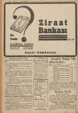  »—B — VAKİT 6 MART 1937 — Çocuklara mahsus HAYAT KITABI Ziraat Bankası NIN hayat-kumbarası © Cümhuriyet Halk Fırkası Manisa