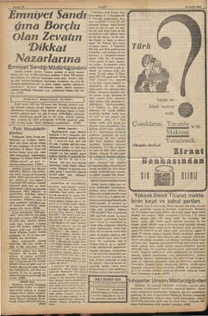  Sayıfa 10 29 Eylül 1937 Emniyet Sandı gına Borçlu Olan Zevatın Dikkat İ Nazarlarına Emniyet Sandığı Müdürlüğünden: Sandık...