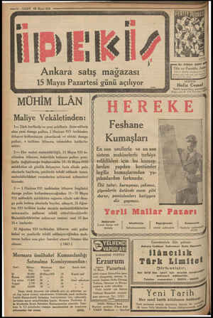  12 —VAKIT 13 Mayıs 1933 Ankara satış mağazası 15 Mayıs Pazartesi günü açılıyor | MÜHİM İLÂN Maliye Vekâletinden: 1— Türk...