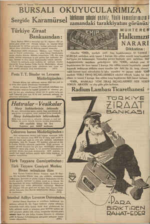    —i2—VAKIT 14 Temmuz 1933 BURSALI OKUYUCULARIMIZA Sergide Karamürsel zamandaki tarakkiyatımı görünüz! Türkiye Ziraat...