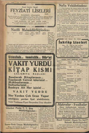  amaaa a a mem me, i —12—VAKIT 3 Eylül 1933 in vi Leyli ve Nehari Resmi Liselere Muadil FEYZİATİ LİSELERİ Erkek Arnavutköy'de