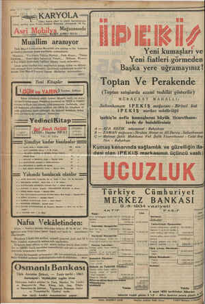    14 AĞUSTOS 1934 - la KARYOLA — a e Lâke, bronz nikel ve çocuk karyolalarının i envai cesidini ucuz fivatla, Istanbul...