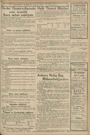  Demiryollarında Halk Ticaret Biletleri İt Devlet yeni tenzilât Kuru sebze nakliyatı , 15 Ağustos 1934 tarihinden itibaren...