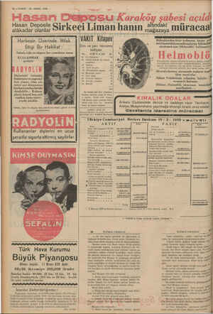  SN 12 — VAKIT 73 MART 1939 Hasan Deposu Körakö Sirkeci Liman hanın ? VAKIT. Kitapev Dün ve yarı tercüme Hasan Deposile...