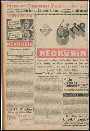  8 — VAKİT 25 MART 1939 Hasan Deposu Karaköy şubesi a imran Liman hanın Hasan Deposile alâkadar olanlar Kullanmakla Kabildir
