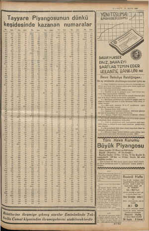  7—VAY'T 13 MAYIS 1939 ği Tayyare Piyangosunun dünkü keşidesinde kazanan numaralar Na Lira No. Lira No. Lira Ne. Lira No. Lira