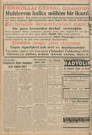  6 — VAKIT 10 BİRİNCİTEŞRİN 1939 ' EKKOLLU CEMAL gişesinin: Muhterem halka mühim bir ikazı!. - Çok dikkat ediniz!.. Açık...