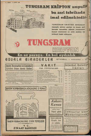  bu asri fabrikada imal edilmektedir" TUNGSRAM KRIPTON lâmbaların! femayüz ettiren parlak ve beyaz ışık burada vazedilen...