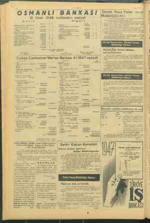    —YAKIT 10 Ocak 19 7 "OSMANLI BANKASI 31 Ocak 1946 Devlet Hava Yolları Genal Müdürlüğünden. tarihindeki vaziyet - Beş vü amy