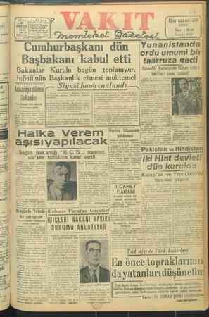 Vakit Gazetesi 15 Ağustos 1947 kapağı