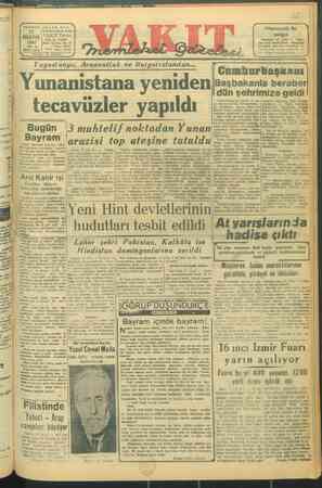 Vakit Gazetesi 18 Ağustos 1947 kapağı