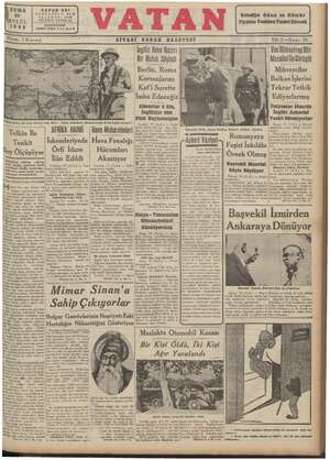 Vatan Gazetesi 20 Eylül 1940 kapağı