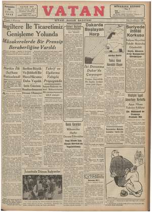 Vatan Gazetesi 26 Eylül 1940 kapağı