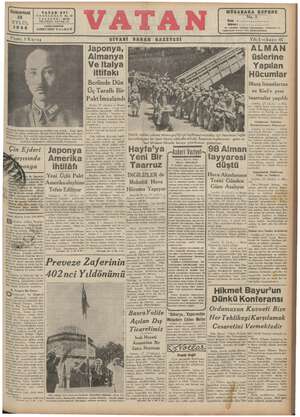 Vatan Gazetesi 28 Eylül 1940 kapağı