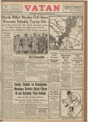 Vatan Gazetesi 26 Kasım 1940 kapağı