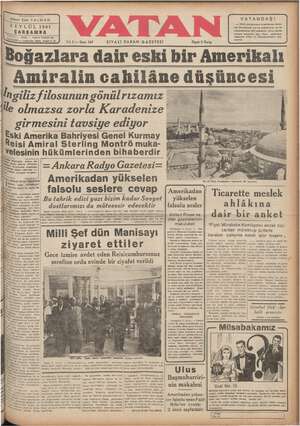  ) Başmuharriri: Ahmet Emin YALMAN 3 EYLÜL 1941 ÇARŞAMBA t u“"“’— 24136 — Telgraf VATAN lat. MÂNEVİ — Oağaloğlu, Molla Fenart