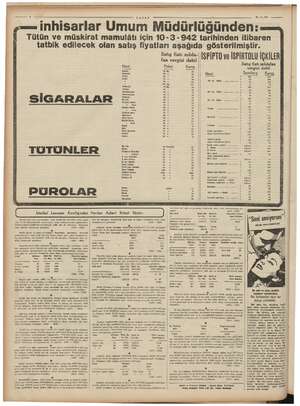    VATAN Satış fiatı müda- W-35-02 m inhisarlar Umum Müdürlüğünden: Tütün ve müskirat mamulâtı için 10-3 -942 tarihinden...