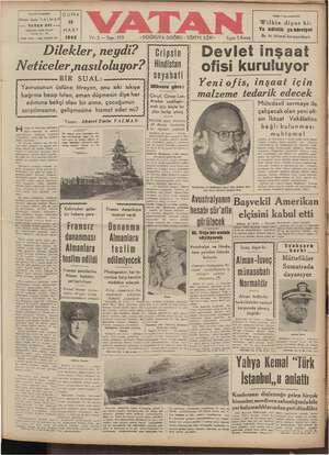 BAŞMURARRİRİ VATAN EVİ Cağaloğlu. Motla Fenari Bakağı 30 - 38 Telef, 24136 - Telg. VATAN lt 'Ahmet Emin YALMAN 13 MART 1942 |
