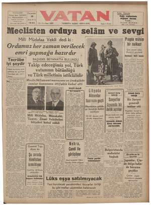  BAŞMUHAKRİRİ Ahmet Emin YALMAN — VatanEvi Molla Fenart Perşembe 28 MAYIS 1942 Cağnloğtu, Sokağı; 30 Telef, 24186 - Telg....