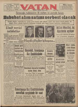    BAŞMUNAKKİRİ Ahmet Emin YALMAN VatanEvi Cağaloğlu, Molla Penari Sakağı: 30 - 88 Teel Mi0 - Tez. VATAN Ha 1942 Perşembe 16
