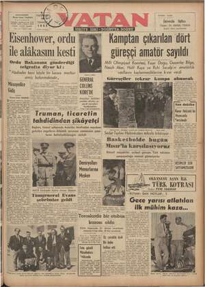 Vatan Gazetesi 14 Temmuz 1952 kapağı