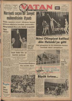 Vatan Gazetesi 16 Temmuz 1952 kapağı