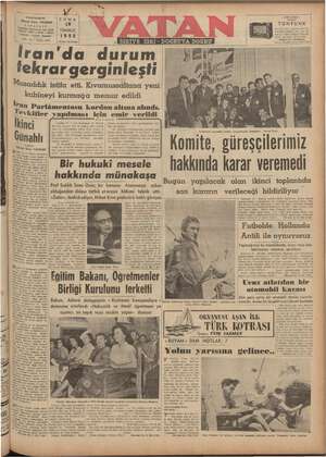 Vatan Gazetesi 18 Temmuz 1952 kapağı