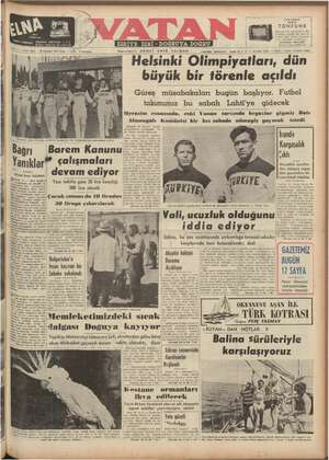 Vatan Gazetesi 20 Temmuz 1952 kapağı