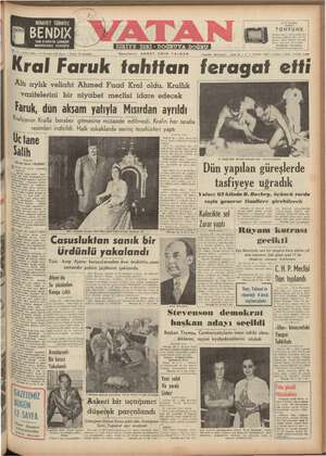 Vatan Gazetesi 27 Temmuz 1952 kapağı